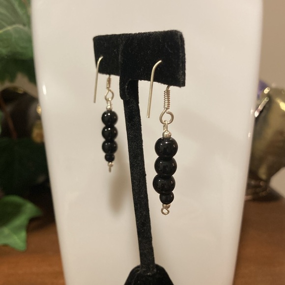 NWOT - Black Onyx Triple Ball Beaded Long Drop Style Mexican Silver Earrings - Picture 5 of 9